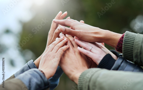 Tablou pe pânză People, group and hands together with community for unity, motivation or mission in nature