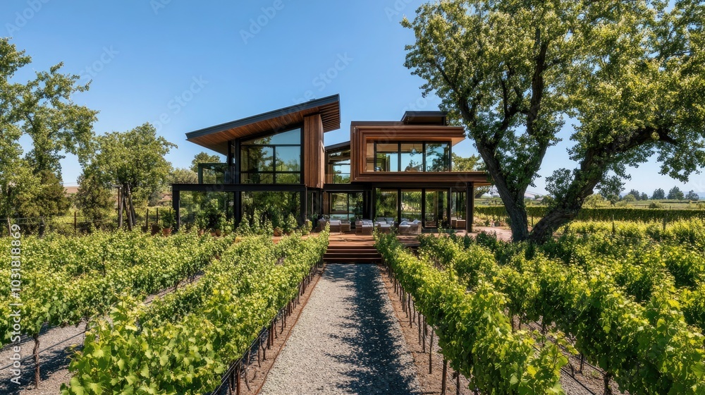 Modern House Surrounded by Lush Vineyard Landscape Modern House Surrounded by Lush Vineyard Landscape