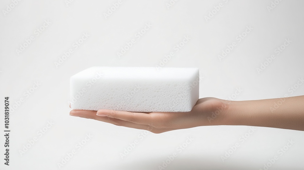 Abstract Product Showcase with a Close-Up of a Hand Holding White Foam Against a Softly Lit White Background, Emphasizing Innovative Design, Ideal for Advertising and Marketing Purposes, Enhanced by Abstract Product Showcase with a Close-Up of a Hand Holding White Foam Against a Softly Lit White Background, Emphasizing Innovative Design, Ideal for Advertising and Marketing Purposes, Enhanced by
