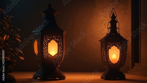 Two lanterns glowing in the dark