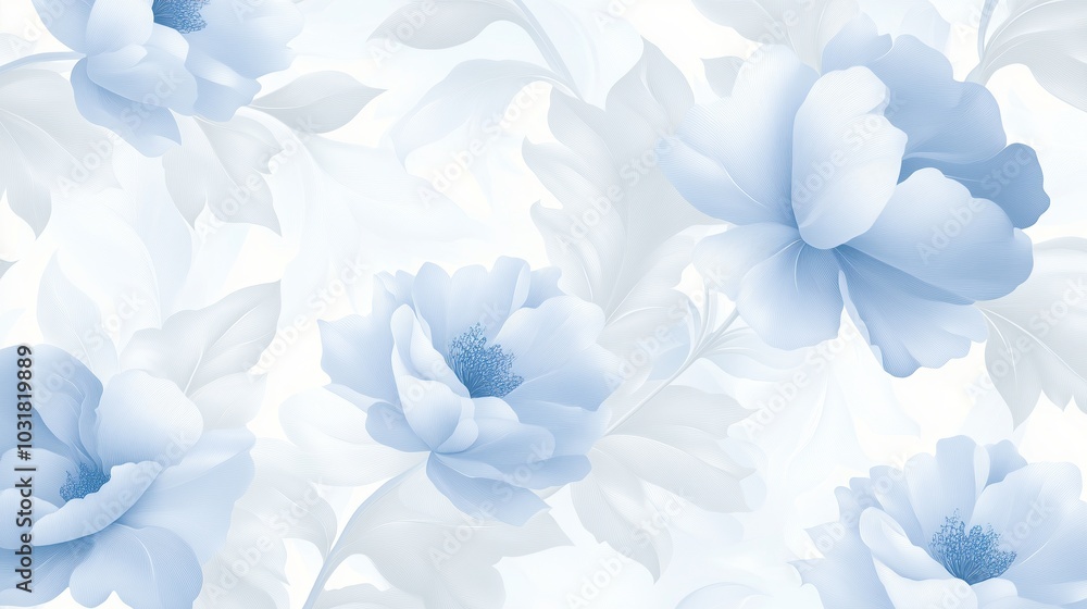 A floral pattern with large flowers, white and blue calm background, vintage floral patterns A floral pattern with large flowers, white and blue calm background, vintage floral patterns