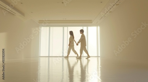 A man and a woman hold hands walking in front of a window