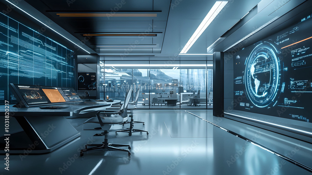 Obraz premium Futuristic office environment, sleek design, advanced technology, interactive digital interfaces, innovative workspace, modern aesthetic