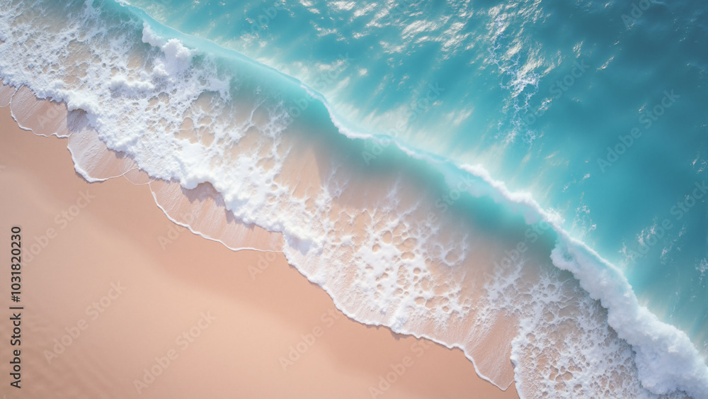 An aerial view of a beach with waves crashing onto the sand. The water is a deep blue color and the sand is a light tan color. The waves are white and foamy. Copy space, space for text. Wallpaper. An aerial view of a beach with waves crashing onto the sand. The water is a deep blue color and the sand is a light tan color. The waves are white and foamy. Copy space, space for text. Wallpaper.