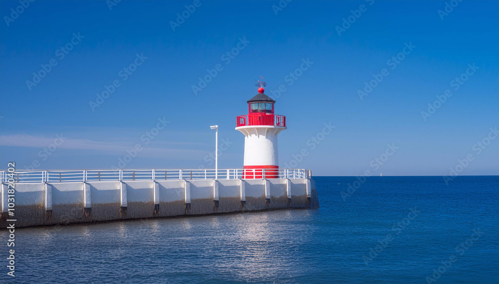 Red and White Lighthouse on Top of Pier and Copy Space Red and White Lighthouse on Top of Pier and Copy Space