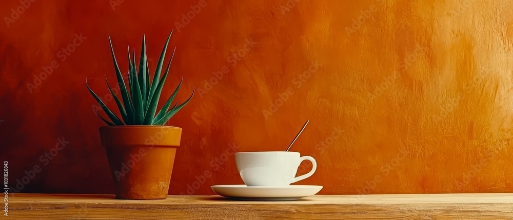 A cup and saucer rest on a wooden table, beside a potted plant A cup and saucer rest on a wooden table, beside a potted plant