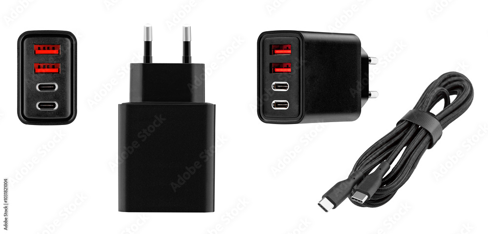 set power adapter, charging adapter with USB and Type-C connector on isolated and white background, close-up set power adapter, charging adapter with USB and Type-C connector on isolated and white background, close-up