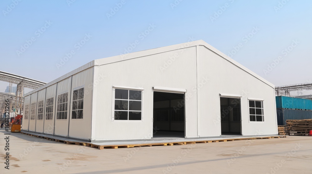 Modern Prefabricated Warehouse: Exterior view of a spacious Modern Prefabricated Warehouse: Exterior view of a spacious