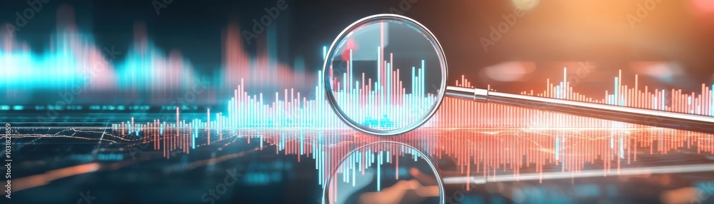 magnifying glass focusing on a digital data analysis graph with colorful audio waves. magnifying glass focusing on a digital data analysis graph with colorful audio waves.