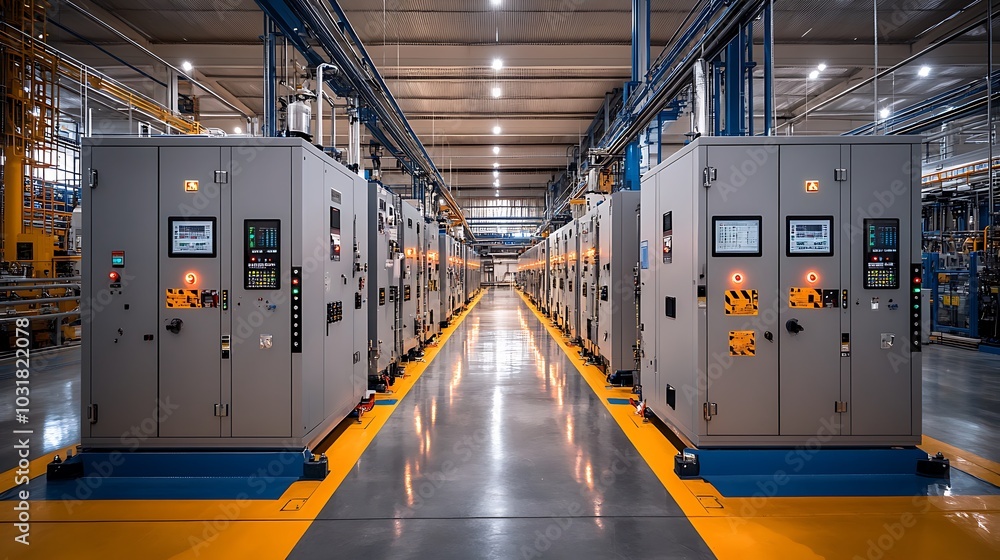 A large factory floor with electrical safety signs, control panels, and insulated wiring systems. A large factory floor with electrical safety signs, control panels, and insulated wiring systems.