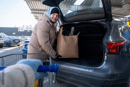 Obraz na płótnie Man Loading Groceries into Car Trunk w salonie