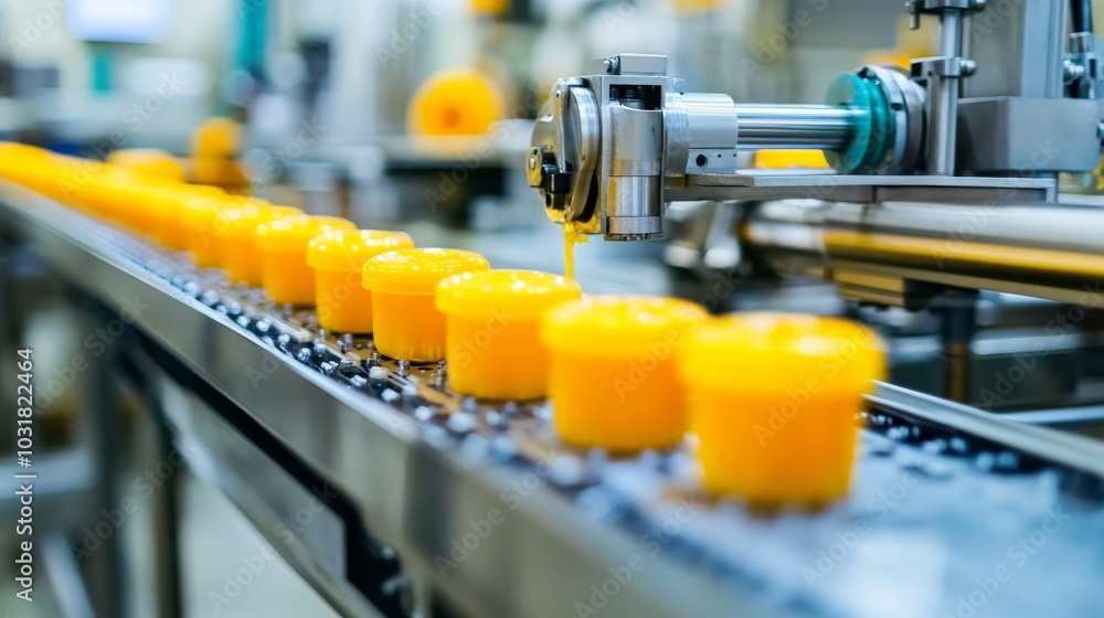 Conveyor Belt Filling Jars with Orange Liquid Conveyor Belt Filling Jars with Orange Liquid