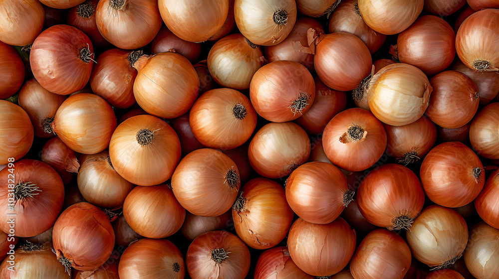 Freshly harvested onions stacked in organized rows, vibrant and whole, ideal for marketing and culinary displays. Freshly harvested onions stacked in organized rows, vibrant and whole, ideal for marketing and culinary displays.