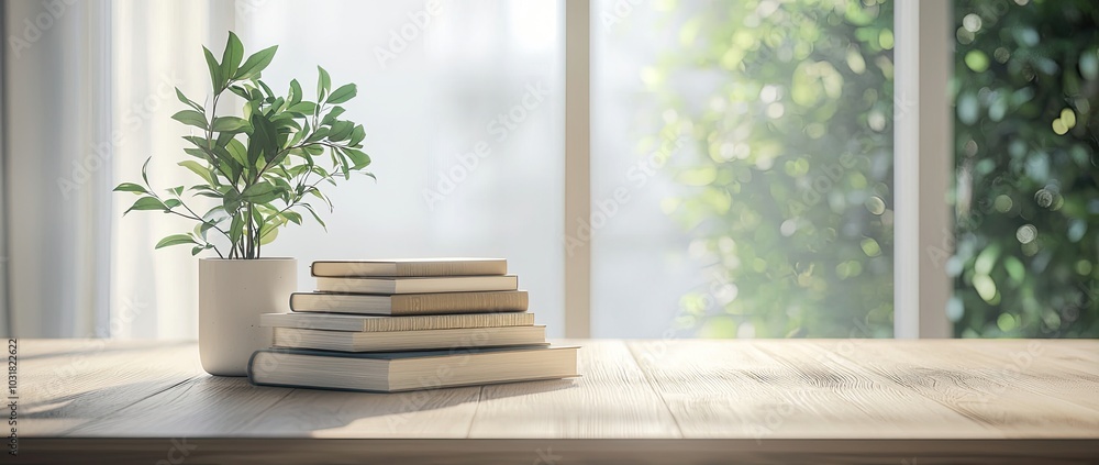 Fototapeta premium Blurred empty table with books and a potted plant on a wooden surface in a modern living room