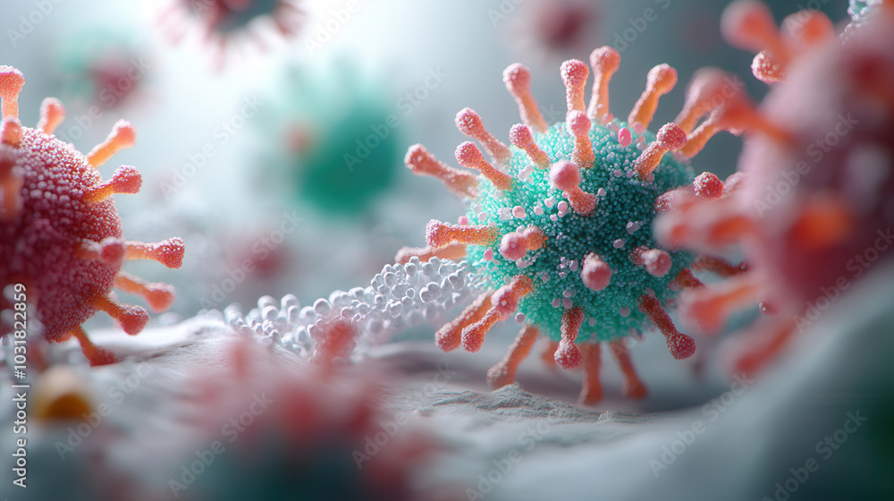 In this vibrant 3D illustration, virus particles are depicted in intricate detail, showcasing their unique structures and interactions. colorful representation highlights complexity of viral forms In this vibrant 3D illustration, virus particles are depicted in intricate detail, showcasing their unique structures and interactions. colorful representation highlights complexity of viral forms