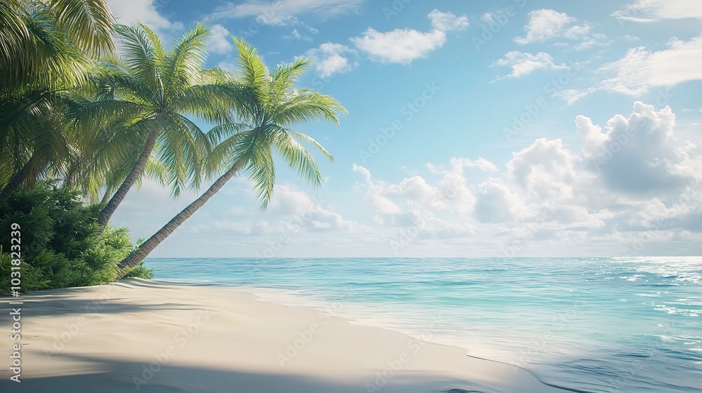 Serene Tropical Beach with Lush Palm Trees and Clear Sky Serene Tropical Beach with Lush Palm Trees and Clear Sky