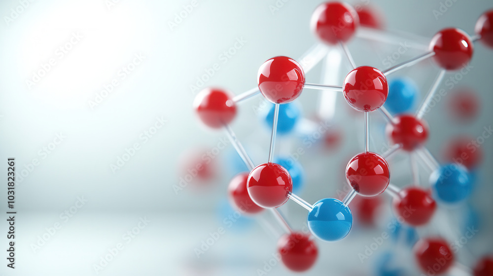 Obraz premium Molecular structure visualization featuring red and blue spheres representing atoms connected by white bonds, showcasing scientific and futuristic theme