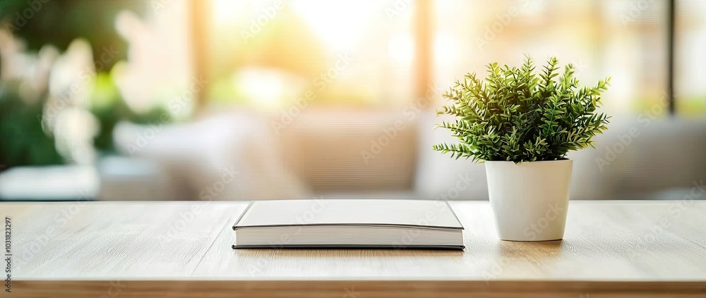 Fototapeta premium Minimalist table with a book and a plant in a vase on a blurred living room background, with space for product display presentation
