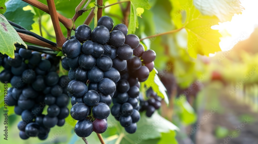 Alluring Sweet Sapphire: A Serene Morning with Luscious Black Grapes and Verdant Leaves Alluring Sweet Sapphire: A Serene Morning with Luscious Black Grapes and Verdant Leaves