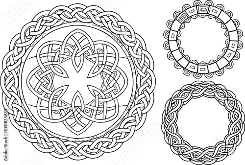 Irish Celtic Round Frame set, Braided Mandala Patterns for St. Patrick's Day Invitations, vector illustration on white background