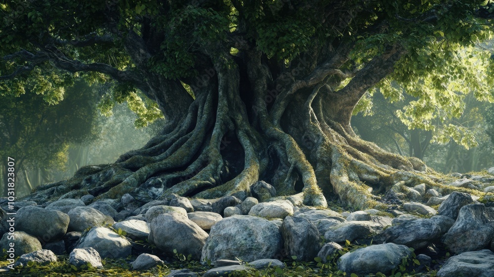 A banyan tree's detailed roots entwined with ancient stones in an Indian forest. A banyan tree's detailed roots entwined with ancient stones in an Indian forest.