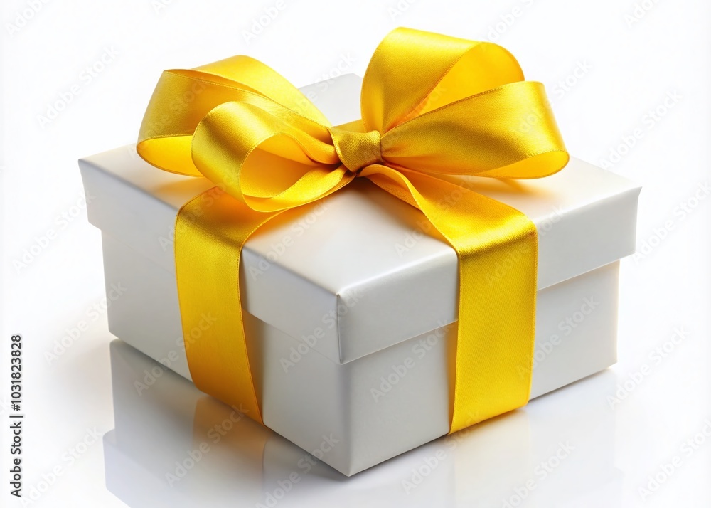 White Gift Box with Yellow Ribbon Bow on White Background - Perfect for Celebrations and Gifting White Gift Box with Yellow Ribbon Bow on White Background - Perfect for Celebrations and Gifting