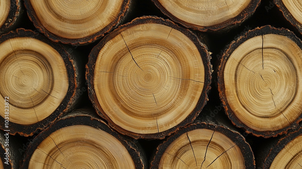 Close-Up View of Cross-Sections of Tree Trunks Showcasing Growth Rings