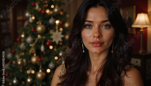 Image of a woman with dark long hair against the background of a Christmas tree