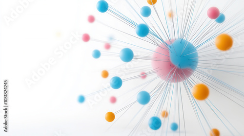 colorful representation of virus particles with blue, pink, and orange spheres connected by thin lines, illustrating interactions in scientific context