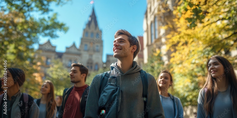College students enjoying a sunny day on campus, walking through the university grounds surrounded by autumn foliage and historic buildings. College students enjoying a sunny day on campus, walking through the university grounds surrounded by autumn foliage and historic buildings.