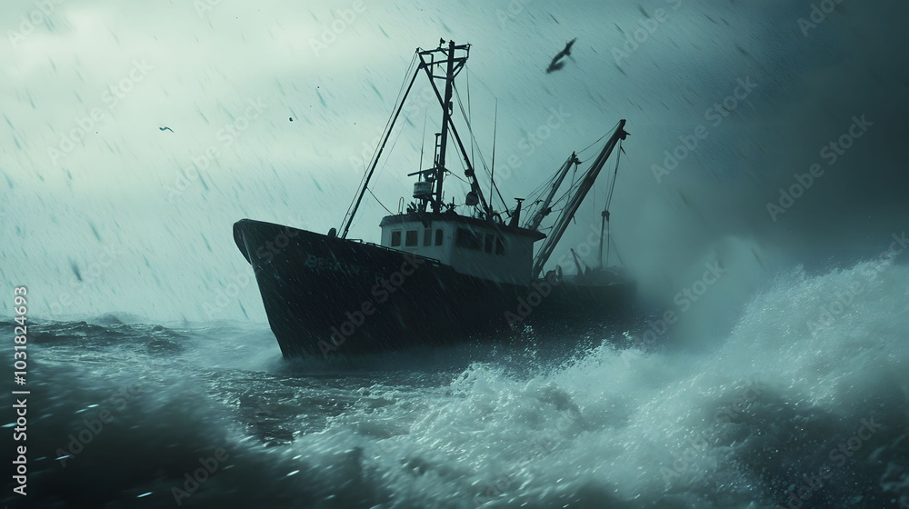Obraz premium Stormy Seas, a fishing boat battles fierce winds and rain, evoking tension and emotional depth in a balanced, immersive composition.