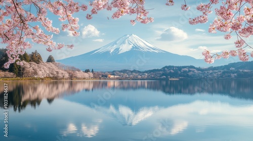 A beautiful view of Mount Fuji reflecting in a tranquil lake, with cherry blossoms in full bloom surrounding the scene.