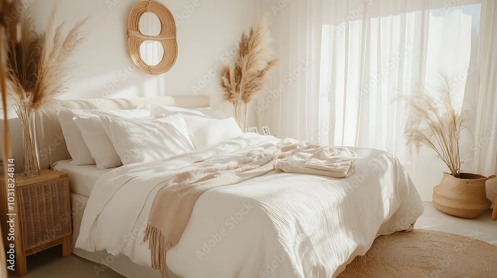 Elegant and Cozy Modern Bedroom Interior Design with Stylish Decor, mockup, poster and Background