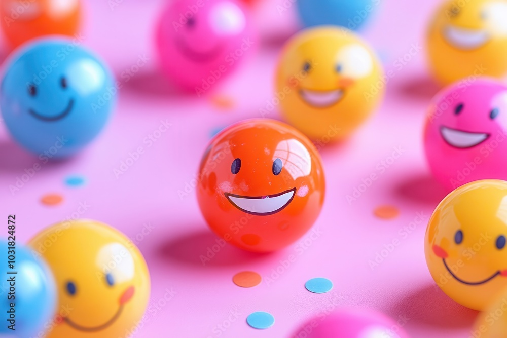 Colorful balls with smiling faces on a pink background, conveying happiness and positivity. Ideal for concepts of joy and playfulness. Colorful balls with smiling faces on a pink background, conveying happiness and positivity. Ideal for concepts of joy and playfulness.
