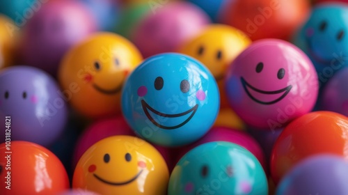 Colorful assortment of smiling face stress balls, spreading joy and positivity with vibrant hues and cheerful expressions, perfect for stress relief.