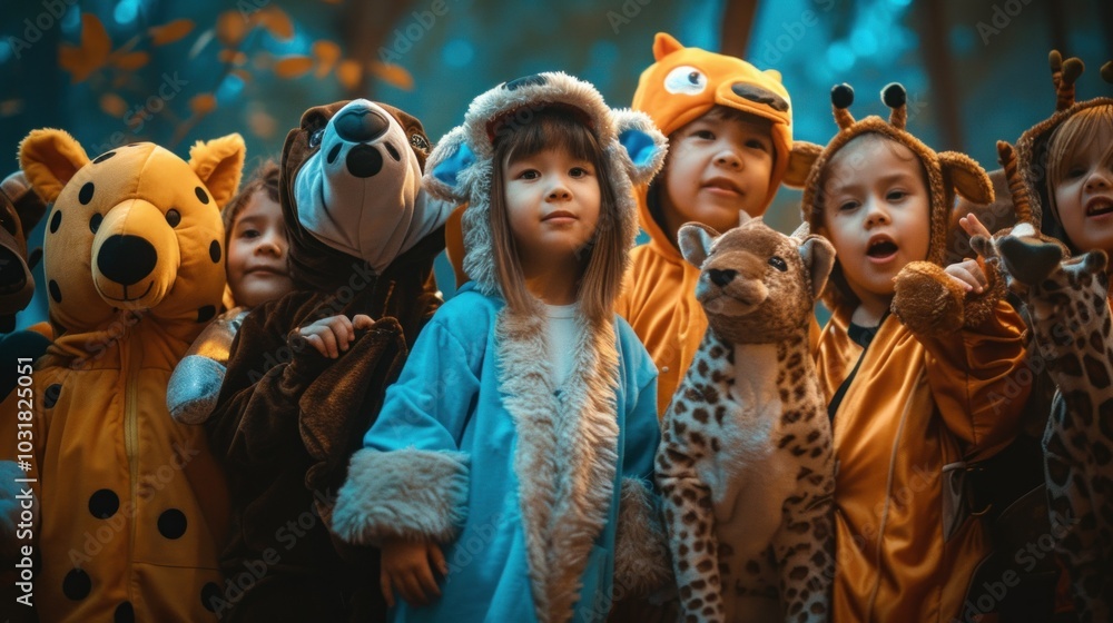 Fototapeta premium Children wrapped in blankets, dressed as stuffed animals