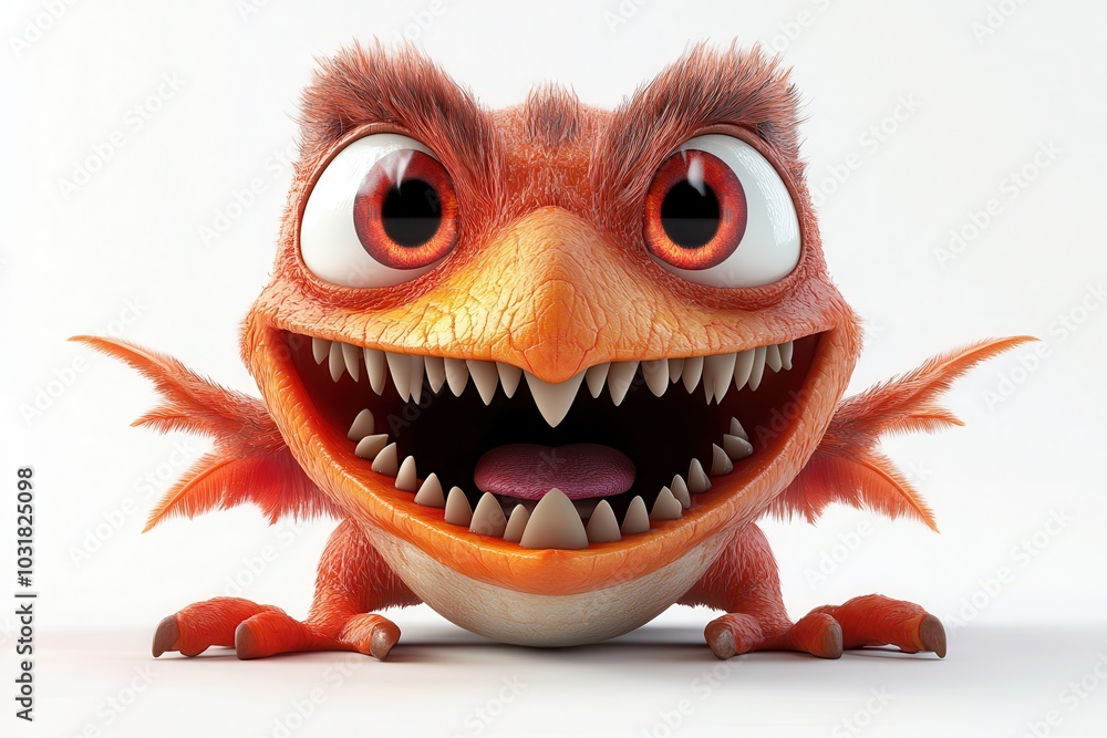 Colorful fantasy creature with large eyes and sharp teeth, showcasing a playful and fierce expression in a whimsical design. Colorful fantasy creature with large eyes and sharp teeth, showcasing a playful and fierce expression in a whimsical design.