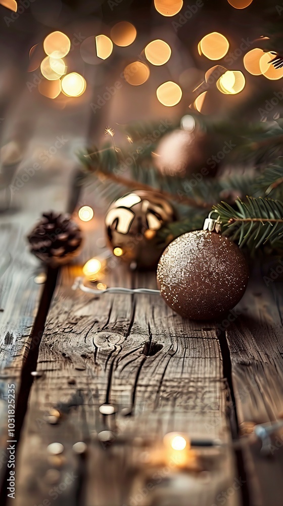 Fototapeta premium Christmas decoration with light on wooden background, Christmas Background, Christmas Decoration, New Year's eve