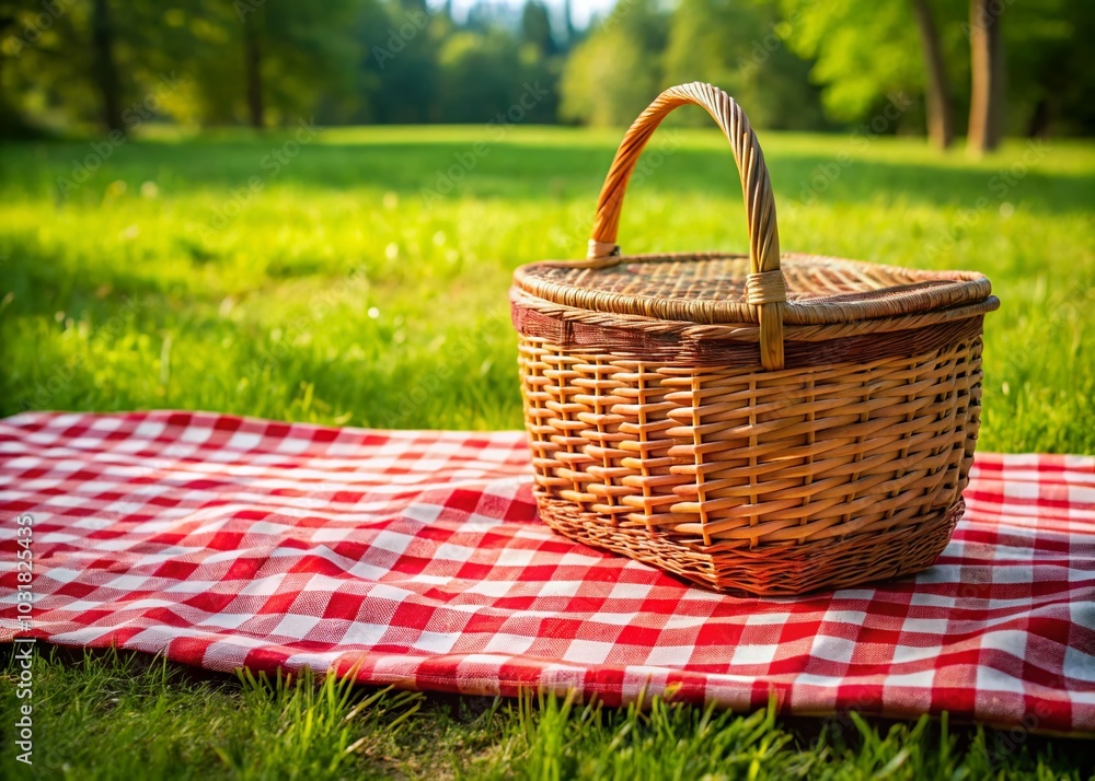 Wicker Picnic Basket on Checkered Blanket for Sunny Outdoor Gatherings Wicker Picnic Basket on Checkered Blanket for Sunny Outdoor Gatherings