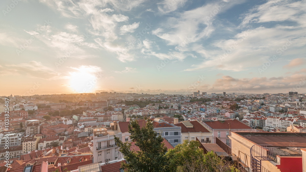 Fototapeta premium Panorama showing Lisbon famous aerial view from Miradouro da Senhora do Monte tourist viewpoint timelapse