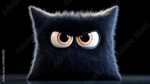A square-shaped black furry character with a moody expression and large eyes, humorously personifying grumpiness