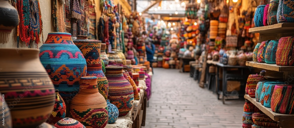 Fototapeta premium Colorful ceramic pots with traditional patterns on display at a market.
