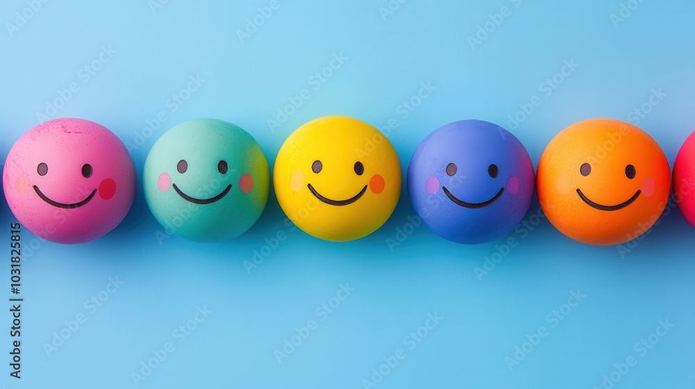 Colorful smiling balls in a row on a blue background, creating a cheerful and playful atmosphere, ideal for creativity and positivity themes. Colorful smiling balls in a row on a blue background, creating a cheerful and playful atmosphere, ideal for creativity and positivity themes.
