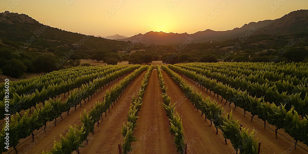 Aerial view of a vineyard at sunset, with rows of grapevines glowing in the golden light and the mountains in the distance. Aerial view of a vineyard at sunset, with rows of grapevines glowing in the golden light and the mountains in the distance.