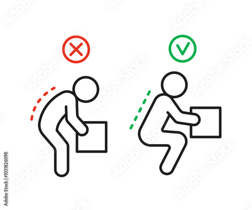 Posture of spine for lift box, ergonomic work of person, line icon. Lifting weight with correct and incorrect posture. Picking up cargo box. Vector outline illustration