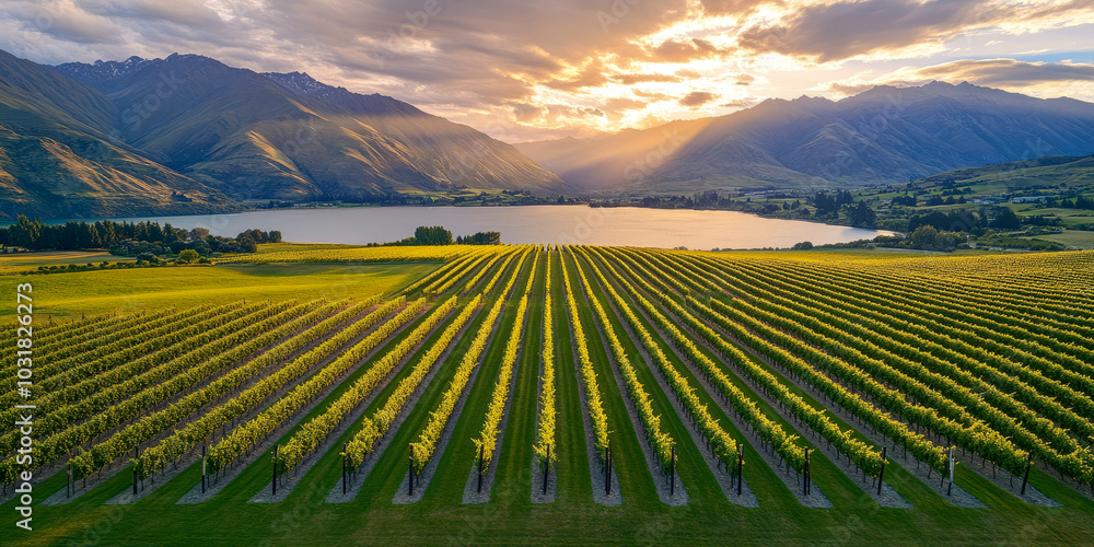 Fototapeta premium Aerial view of a vineyard at sunset, with rows of grapevines glowing in the golden light and the mountains in the distance.