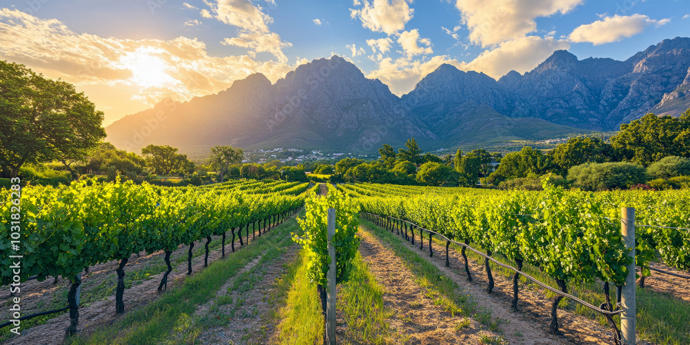 Naklejka premium Aerial view of a vineyard at sunset, with rows of grapevines glowing in the golden light and the mountains in the distance.