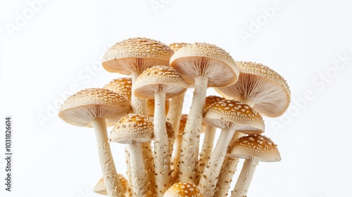 Cluster of Brown Beech Mushrooms with Light Brown Caps and White Stems on White Background photo