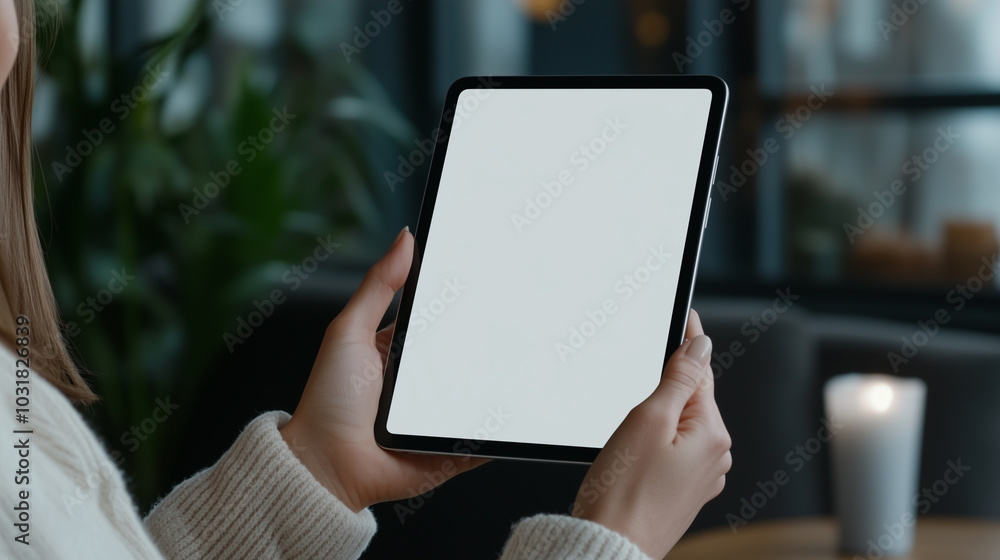Woman in warm sweater holding black tablet mockup with white blank screen at trendy cafe Woman in warm sweater holding black tablet mockup with white blank screen at trendy cafe