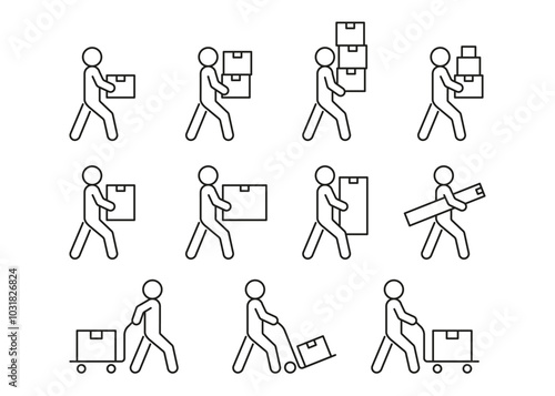 Box delivery, person move cargo, line icon. Courier with package, relocation. Transfer weight. Vector illustration